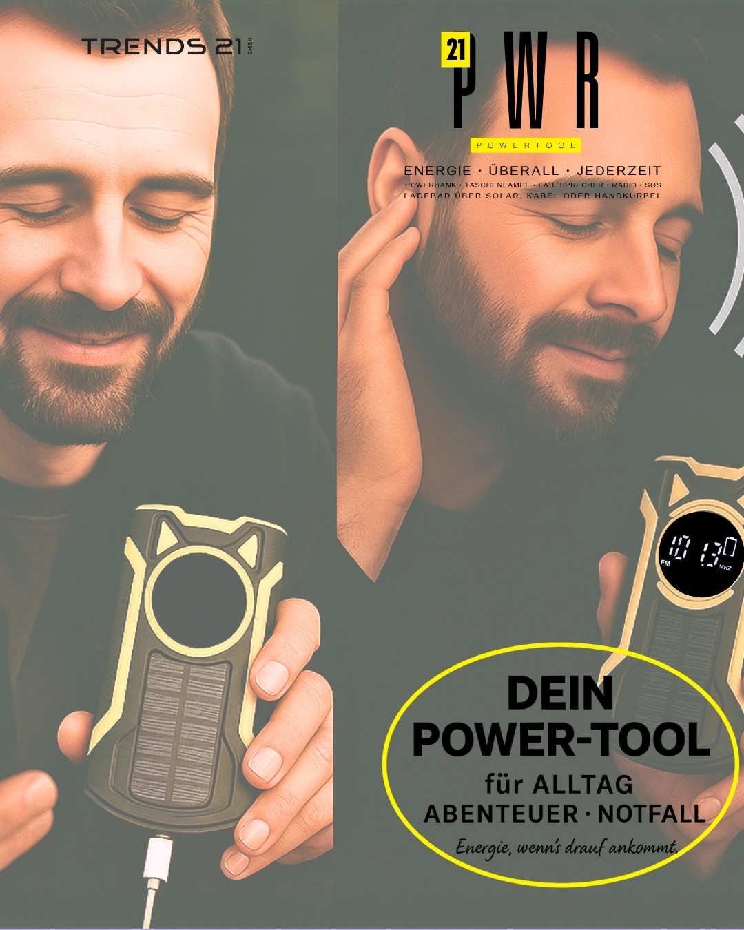 21PWR Powertool – 5-in-1 inkl. Powerbank, Lautsprecher, Radio, Taschenlampe & SOS • Ladebar über Solar, USB oder Handkurbel – Bild 9