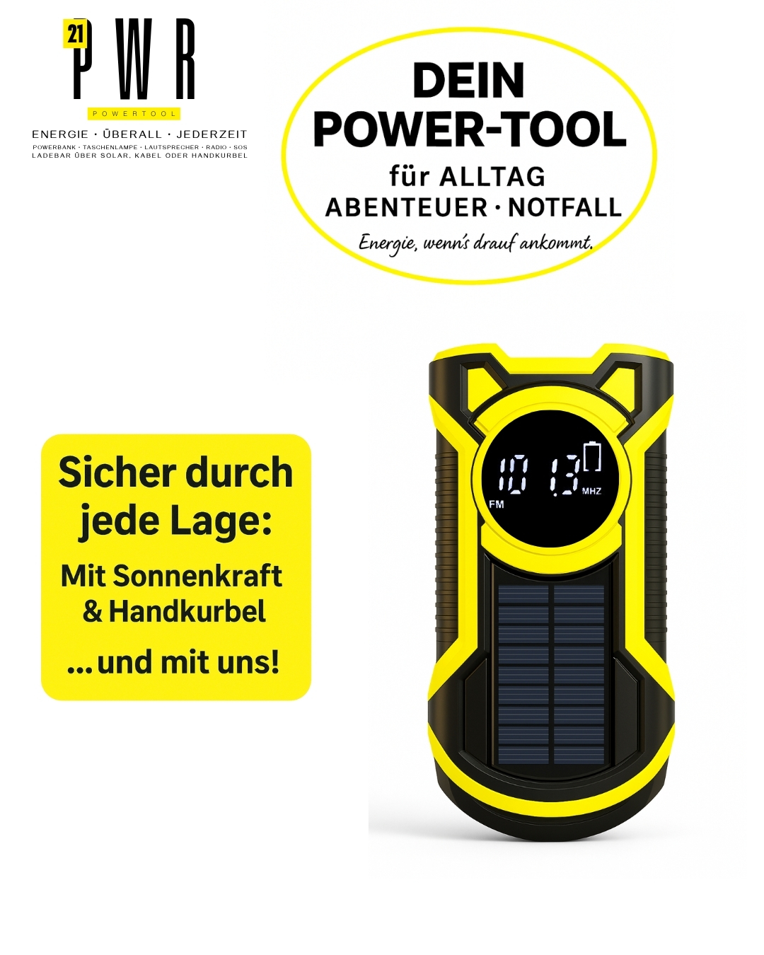 21PWR Powertool – 5-in-1 inkl. Powerbank, Lautsprecher, Radio, Taschenlampe & SOS • Ladebar über Solar, USB oder Handkurbel – Bild 7
